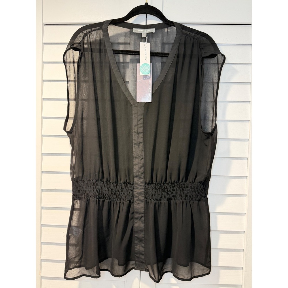 Daniel Rainn Aveda‎ Sheer Sleeveless Cinched Waist Blouse Black XL New